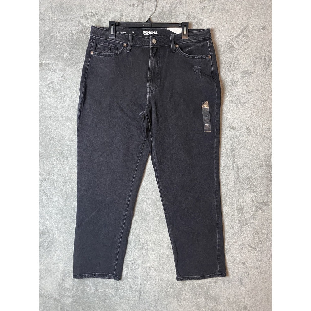 Sonoma Womens 14 Straight Leg Black Denim Jeans Distressed Pockets New